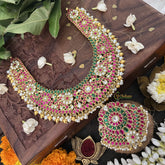 Vriksham Floral Style Pendant Peacock Kundan Jadau Short Neckpiece-Gold Bead-J3383